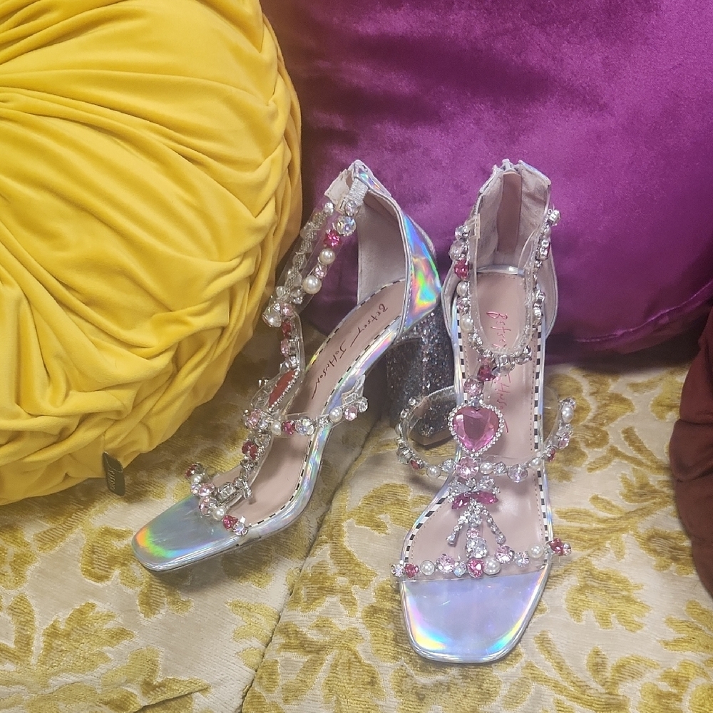 Betsey Johnson Silver Pink Heels with Sparkling Transparent Design